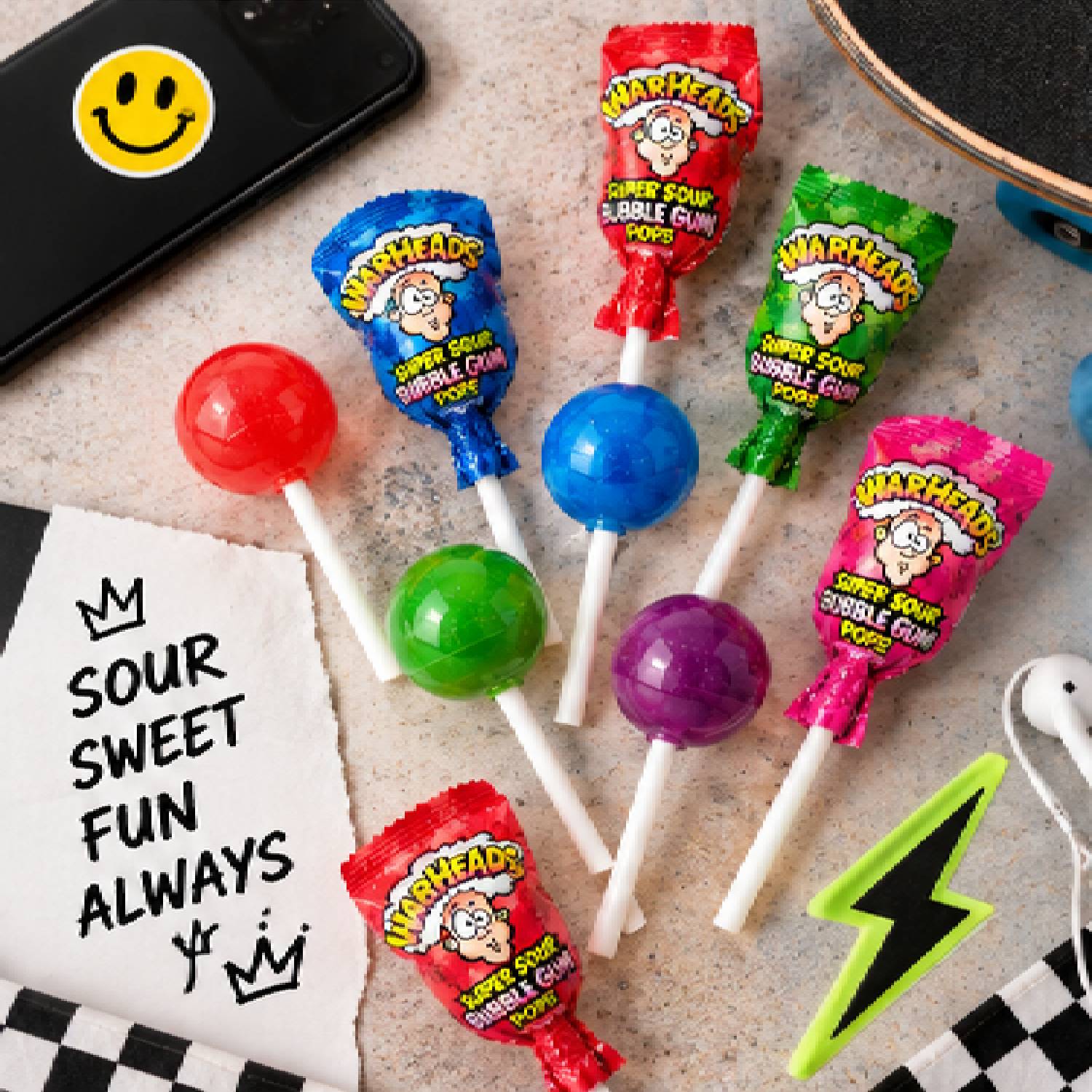 Warheads Super Sour Bubble Gum Pops Mix Original 105g foto 2