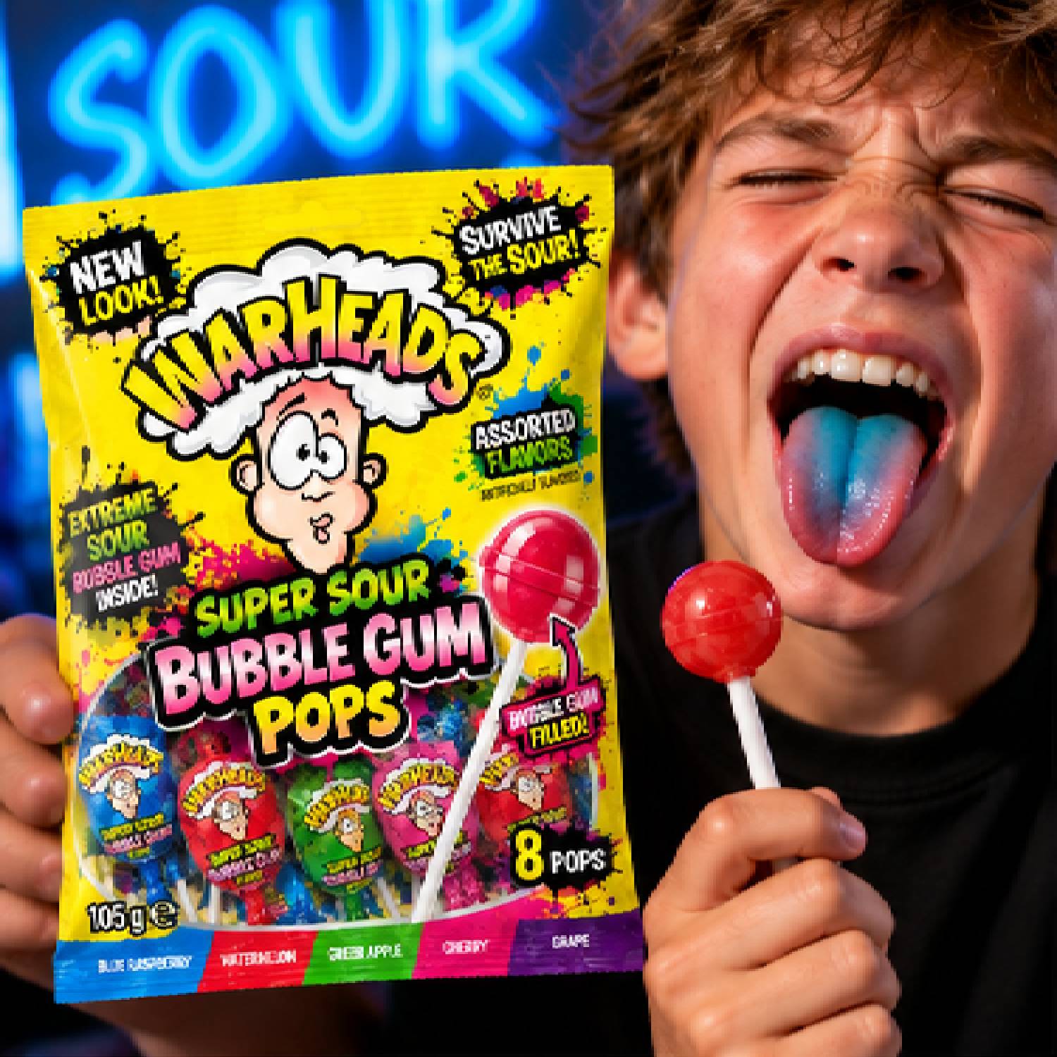 Warheads Super Sour Bubble Gum Pops Mix Original 105g foto 3