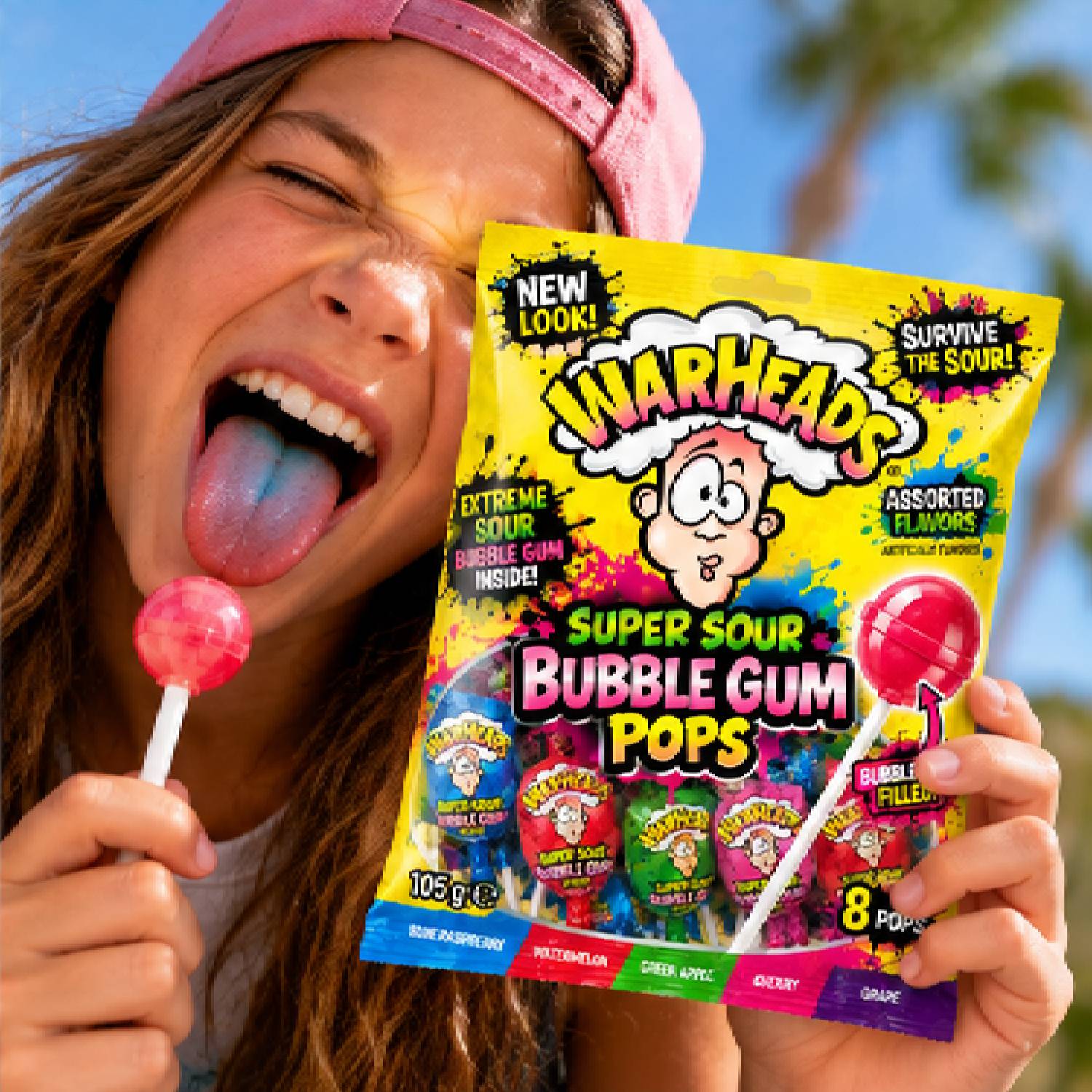 Warheads Super Sour Bubble Gum Pops Mix Original 105g foto 5