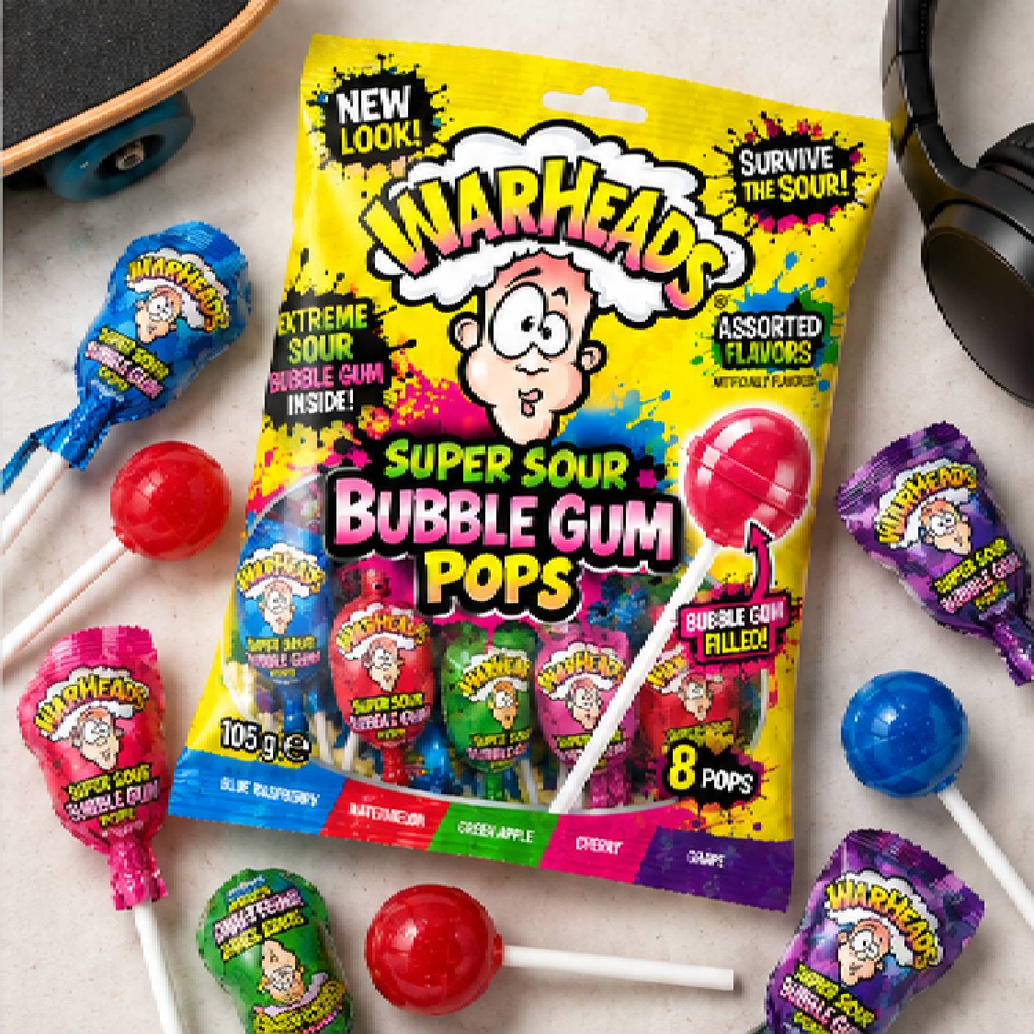 Warheads Super Sour Bubble Gum Pops Mix Original 105g foto 7