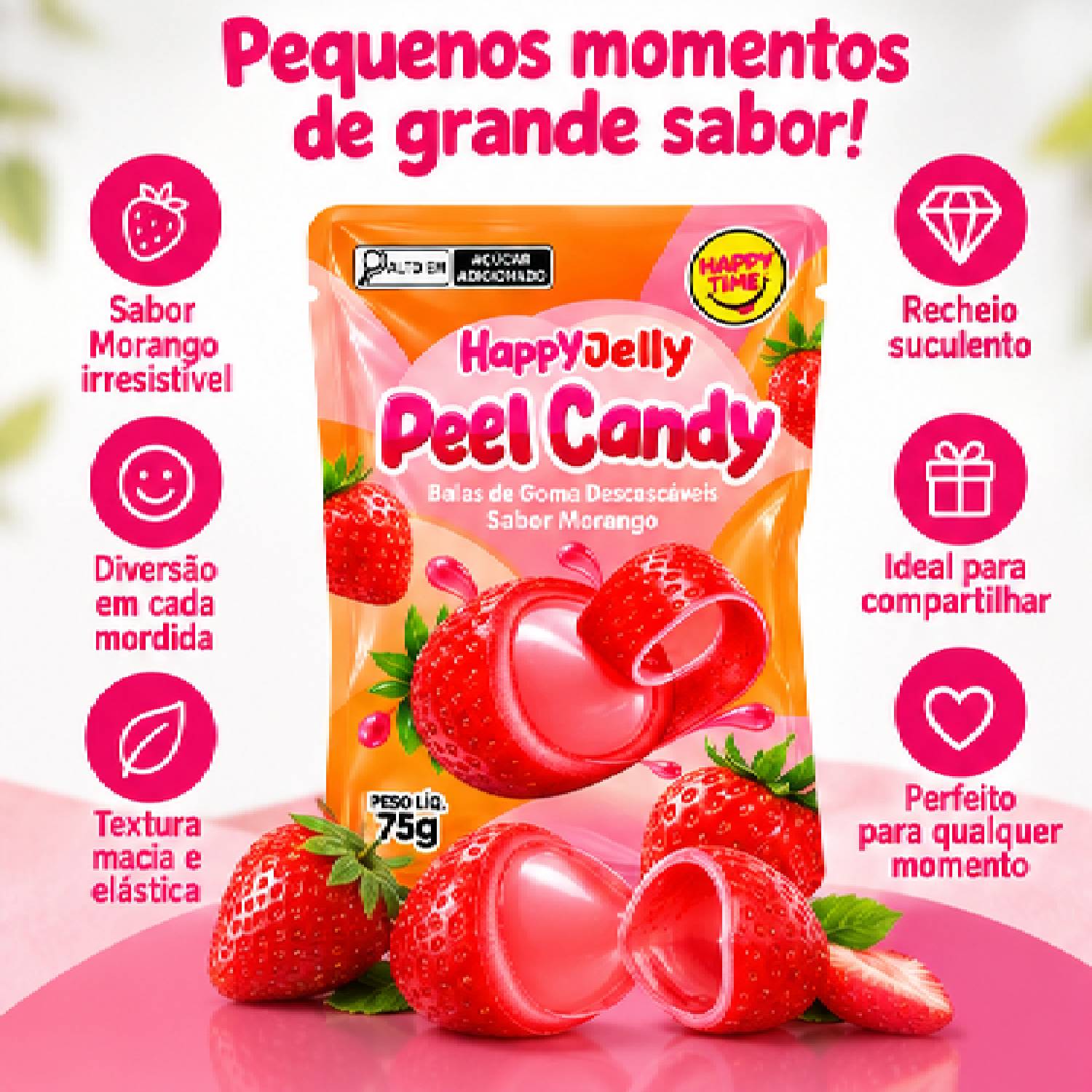 Bala Peel Candy Morango 75g (Bala Descascável de Morango) foto 2