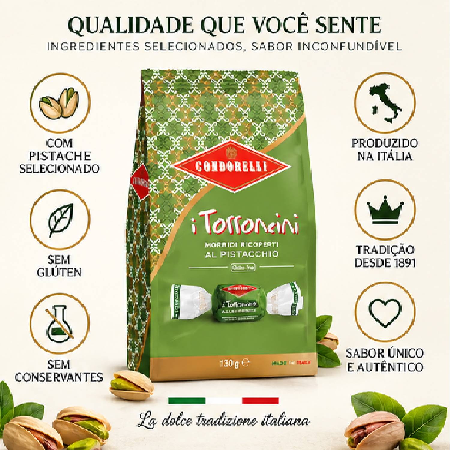 Torroncini Condorelli Pistache Italiano Sachê 130g foto 3