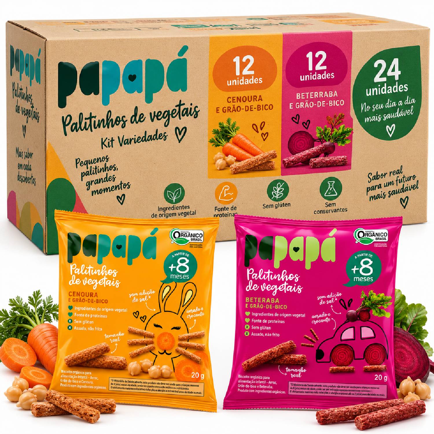 Kit Escolar 24 Palitinho Orgânico PAPAPÁ Cenoura e Beter 20g