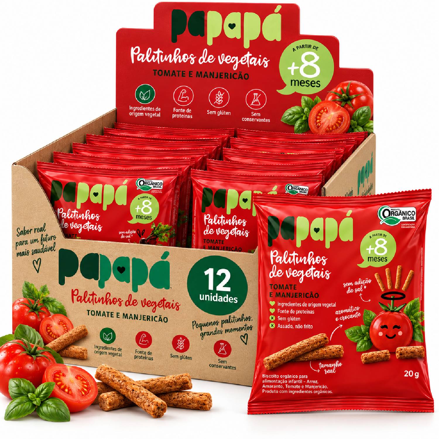 Kit 12 Palitinho Orgânico de Tomate e Manjericão PAPAPÁ 20g