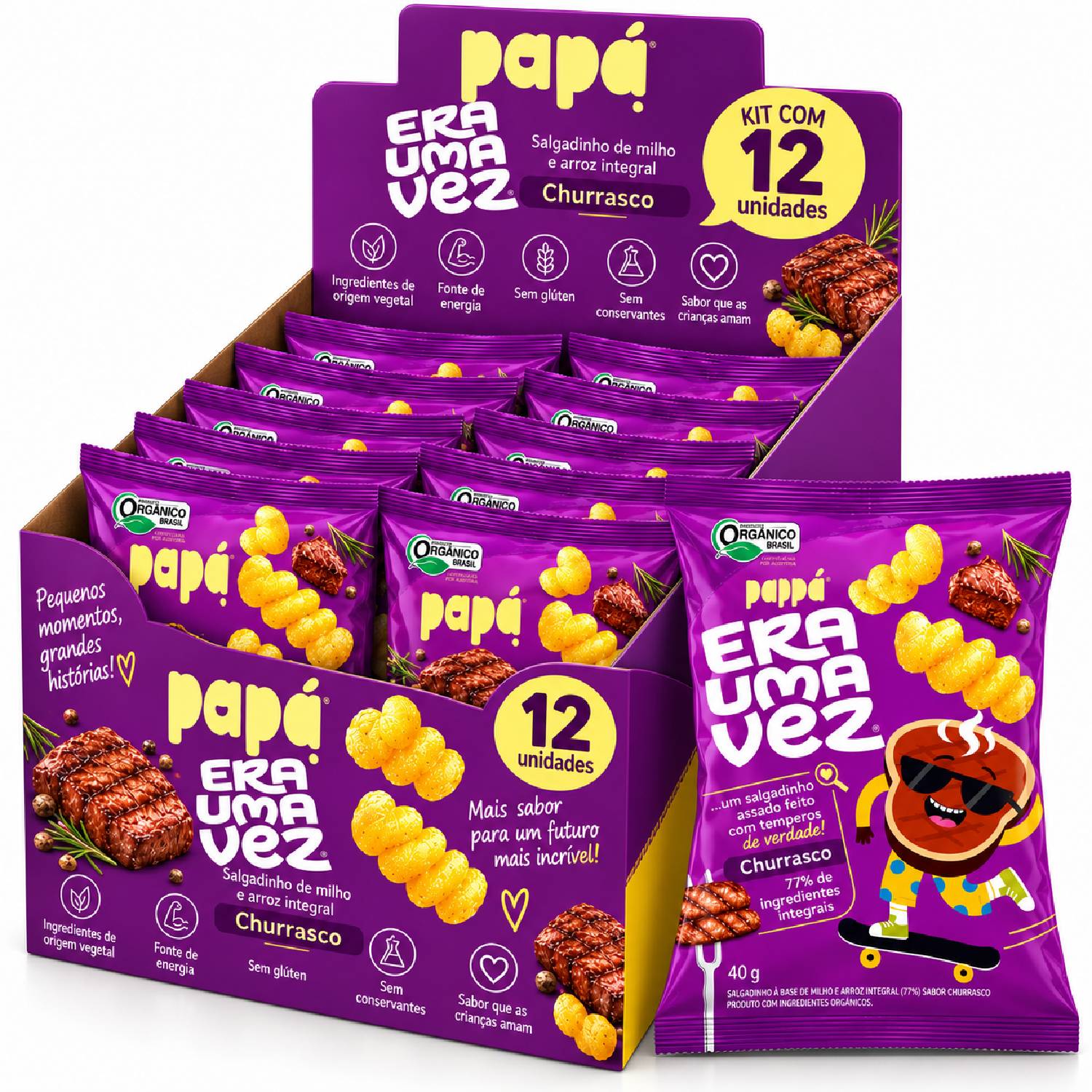 Kit 12 Salgadinho Integral Orgânico Churrasco PAPAPÁ 40g