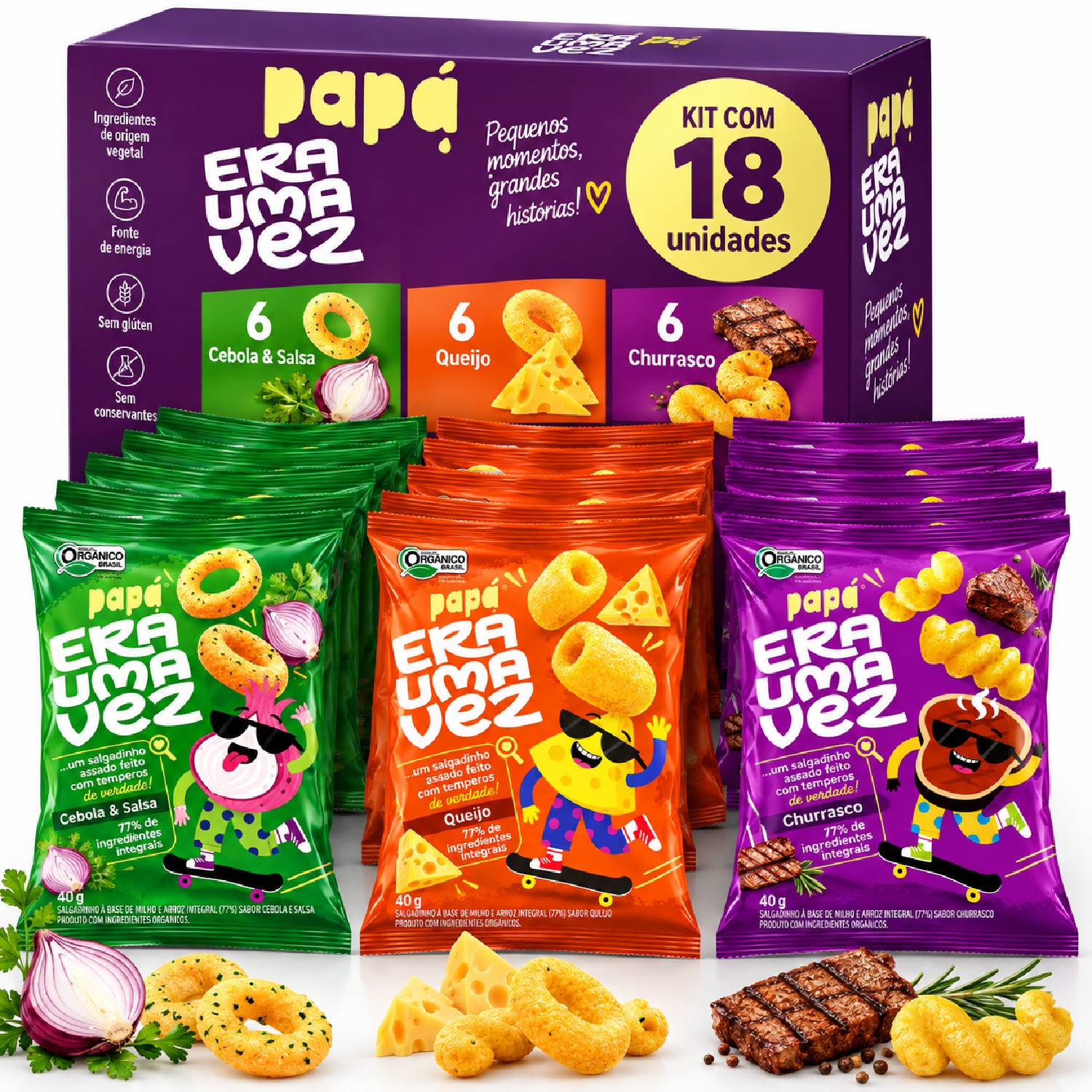 Kit Escola Misto 18 Salgadinho Integral Orgânico PAPAPÁ 40g