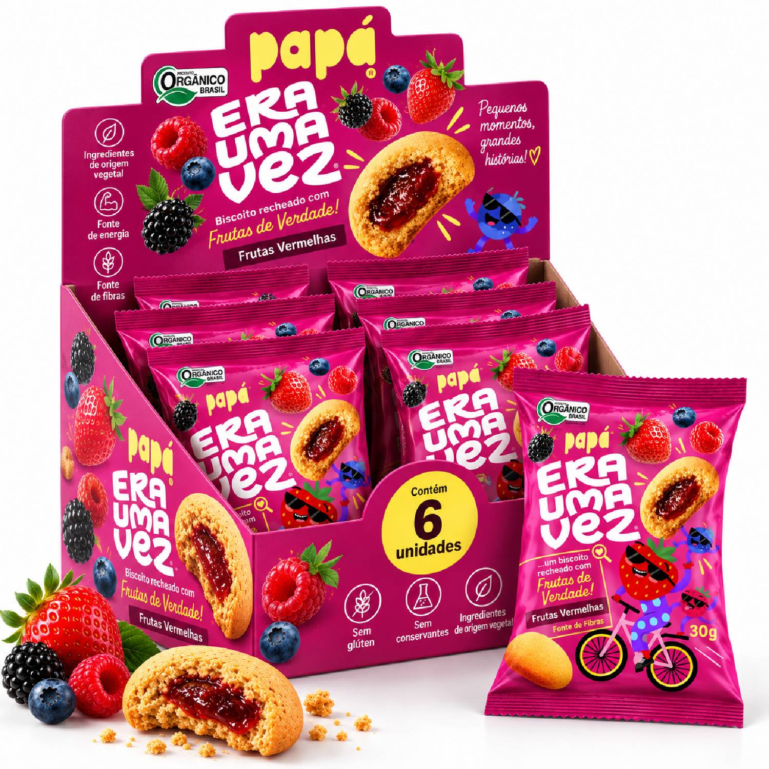 Kit 6 Biscoito Recheado Papapá Frutas Vermelhas 30g