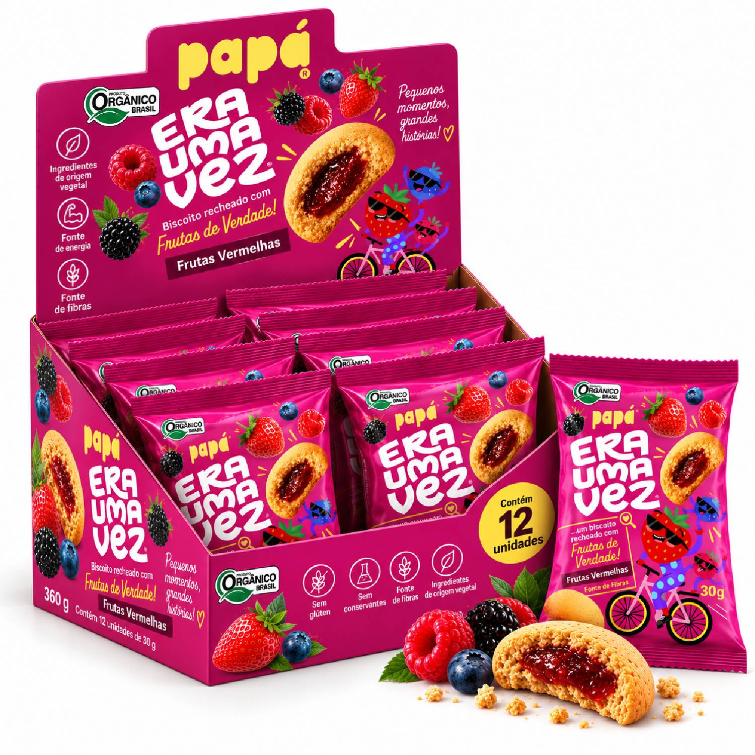 Kit 12 Biscoito Recheado Papapá Frutas Vermelhas 30g