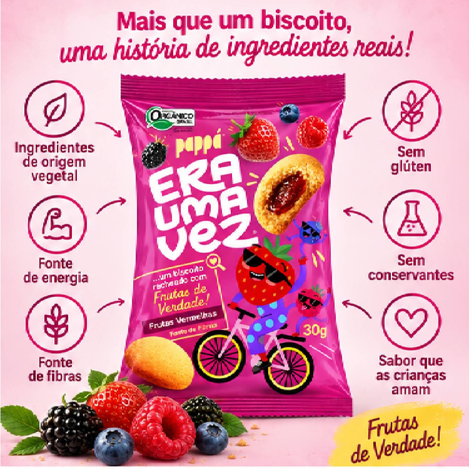 Kit 12 Biscoito Recheado Papapá Frutas Vermelhas 30g foto 3