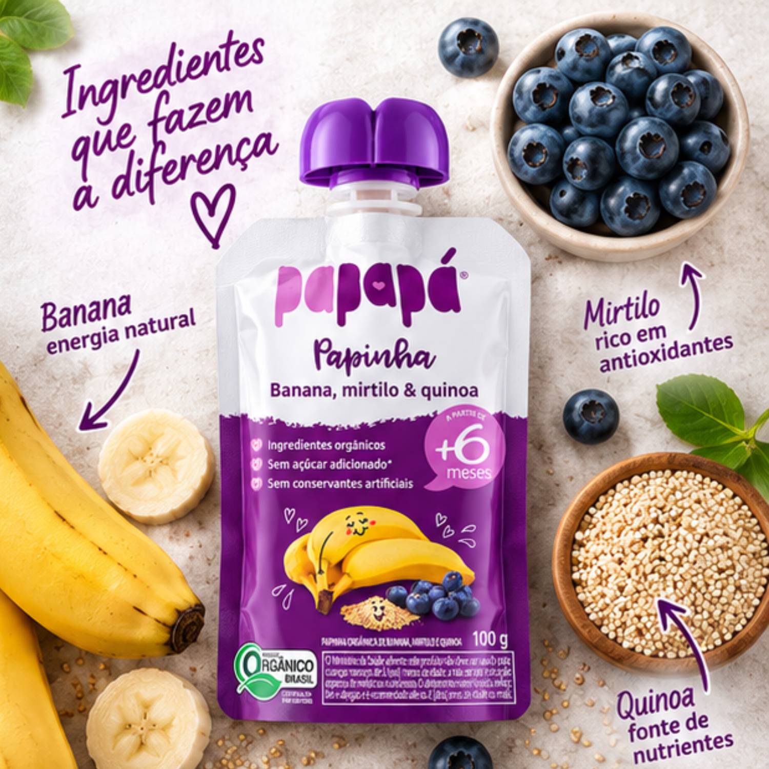 Papinha Orgânica Banana, Mirtilo e Quinoa PAPAPÁ 100g foto 2