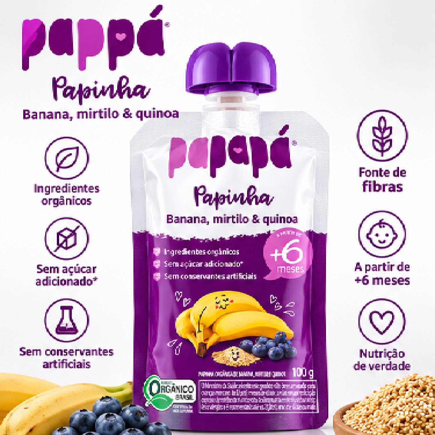 Kit 6 Papinha Orgânica Banana, Mirtilo e Quinoa PAPAPÁ 100g foto 4