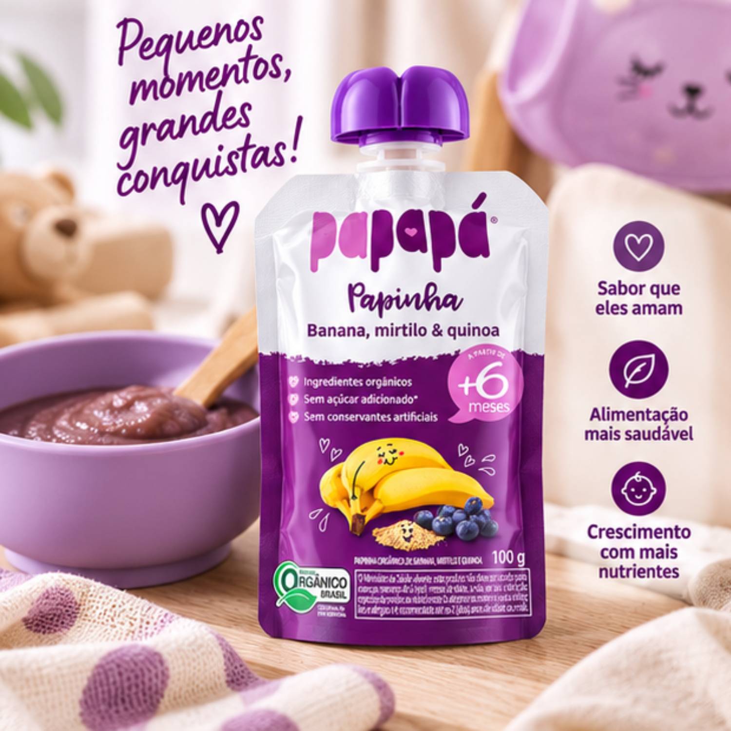 Kit 6 Papinha Orgânica Banana, Mirtilo e Quinoa PAPAPÁ 100g foto 9