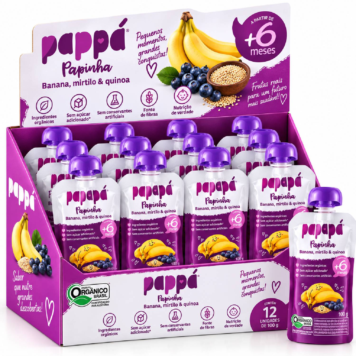 Kit 12 Papinha Orgânica Banana, Mirtilo e Quinoa PAPAPÁ 100g