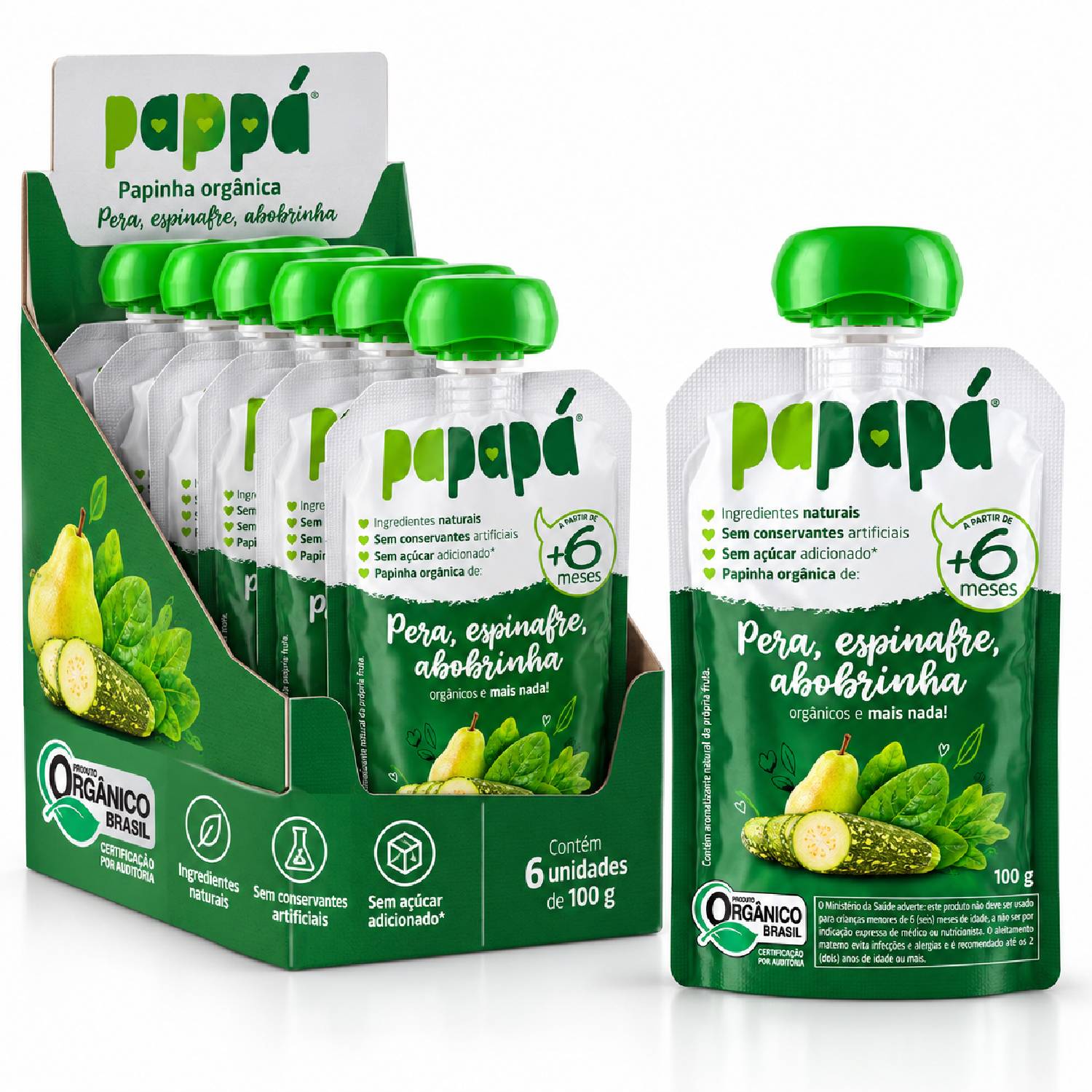 Kit 6 Papinha Orgânica Pera, Espinafre Abobrinha PAPAPÁ 100g