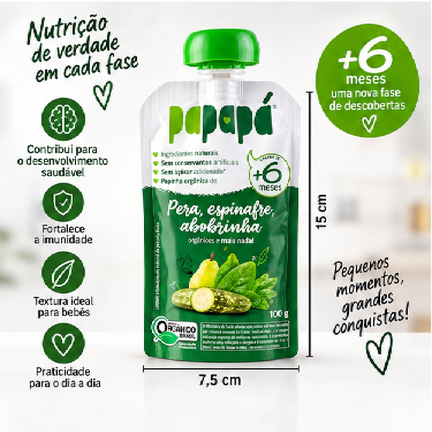 Kit 6 Papinha Orgânica Pera, Espinafre Abobrinha PAPAPÁ 100g foto 4