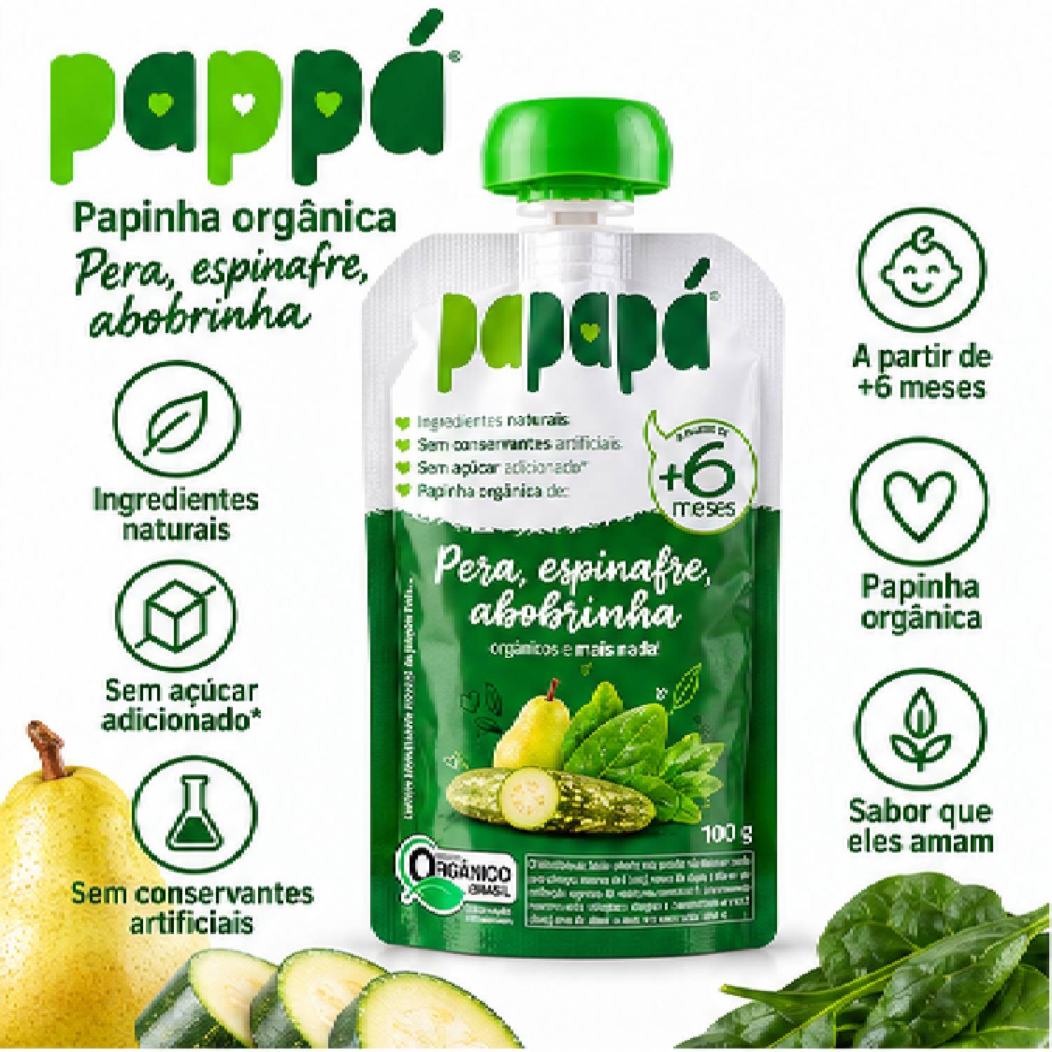 Kit 6 Papinha Orgânica Pera, Espinafre Abobrinha PAPAPÁ 100g foto 8
