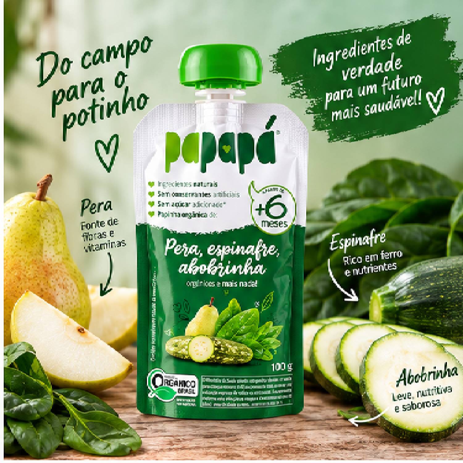 Kit 6 Papinha Orgânica Pera, Espinafre Abobrinha PAPAPÁ 100g foto 9