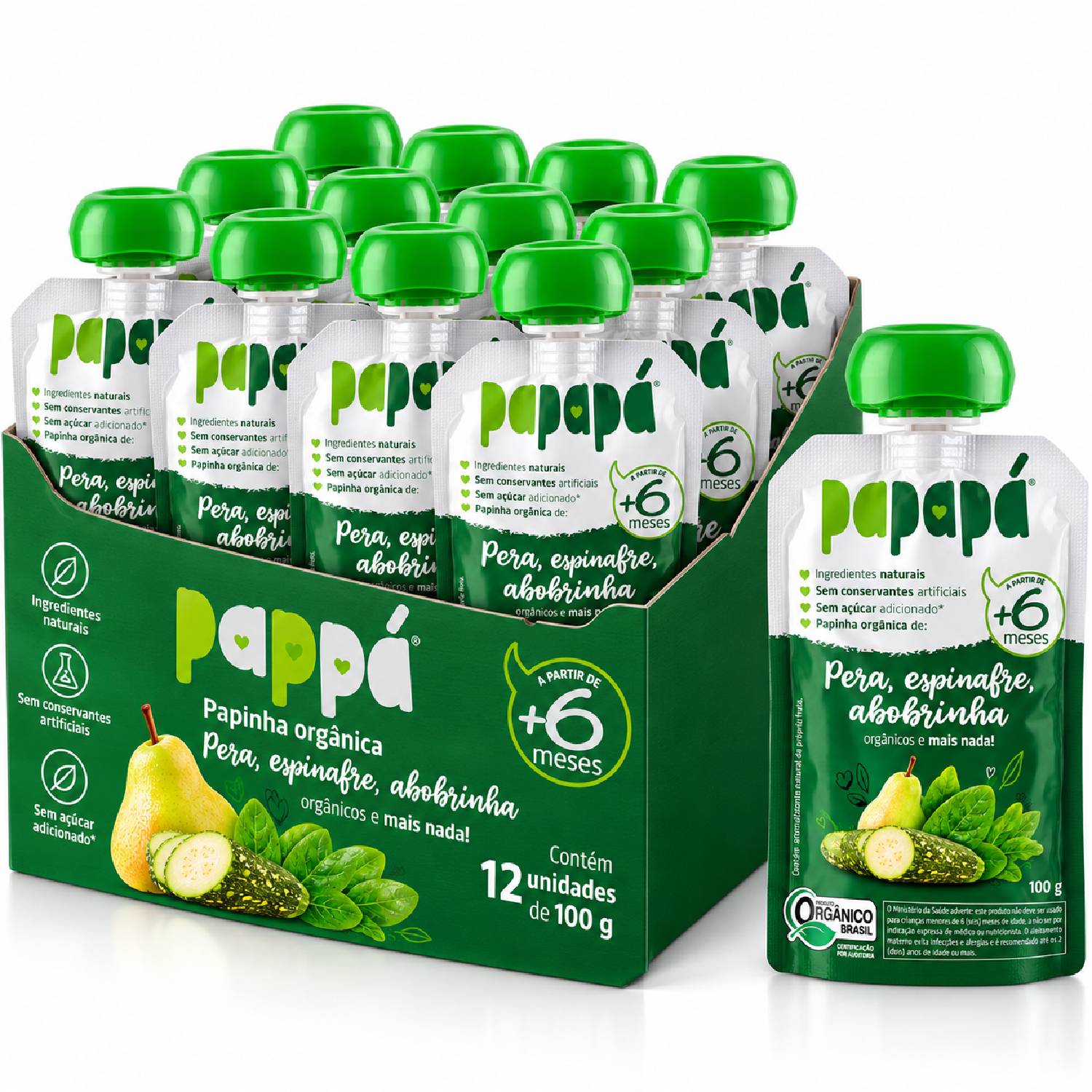 Kit 12 Papinha Orgânica Pera Espinafre Abobrinha PAPAPÁ 100g