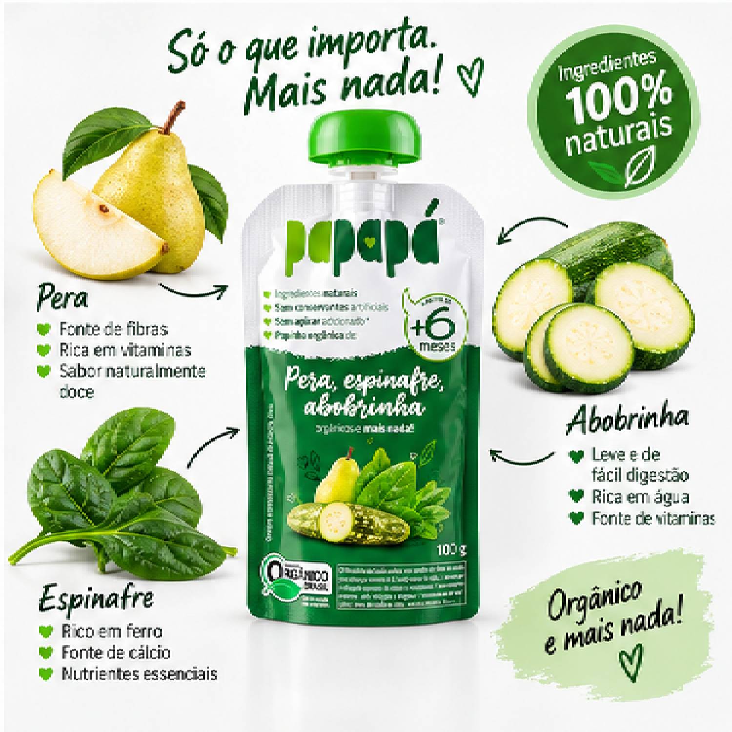 Kit 12 Papinha Orgânica Pera Espinafre Abobrinha PAPAPÁ 100g foto 2