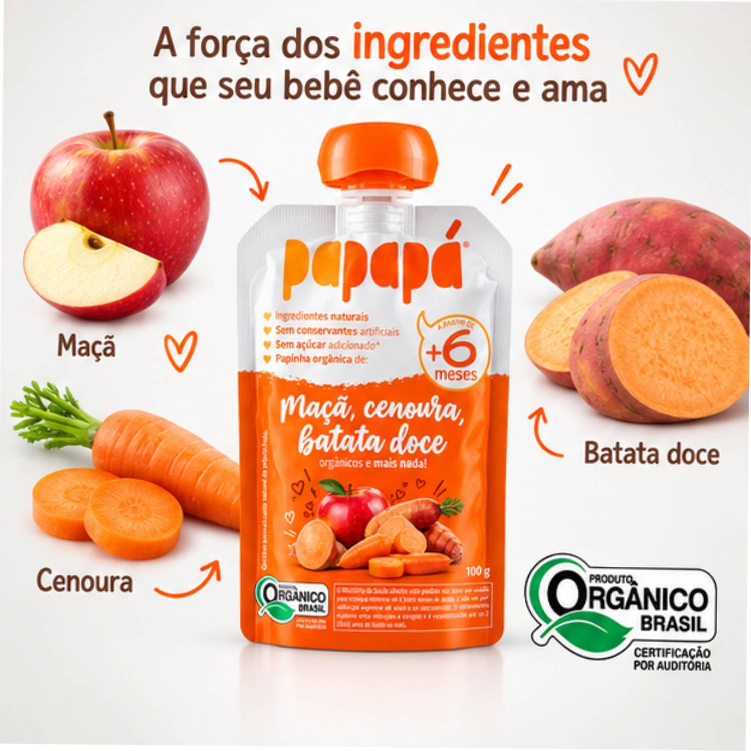 Papinha Orgânica Maçã, Batata-Doce Cenoura PAPAPÁ 100g foto 2