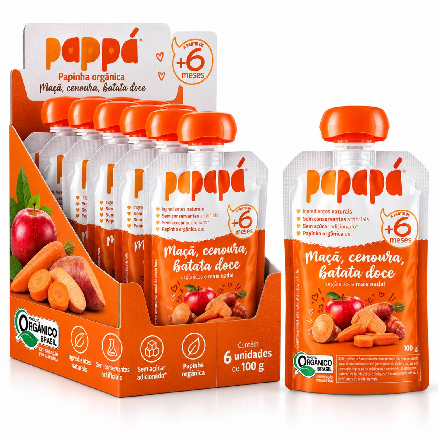 Kit 6 Papinha Orgânica Maçã, Batata-Doce Cenoura PAPAPÁ 100g