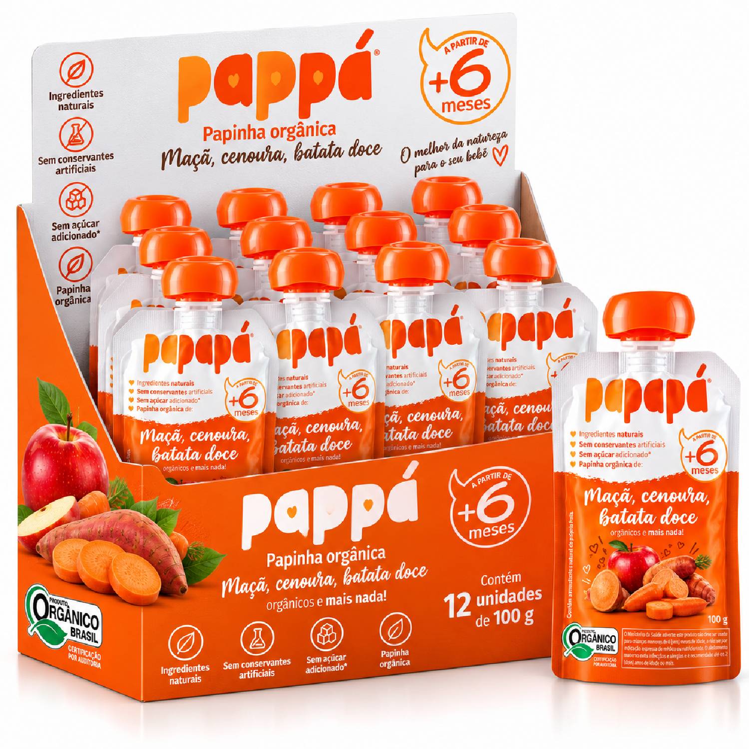 Kit 12 Papinha Orgânica Maçã, Batata-Doce Cenoura PAPAPÁ 100g