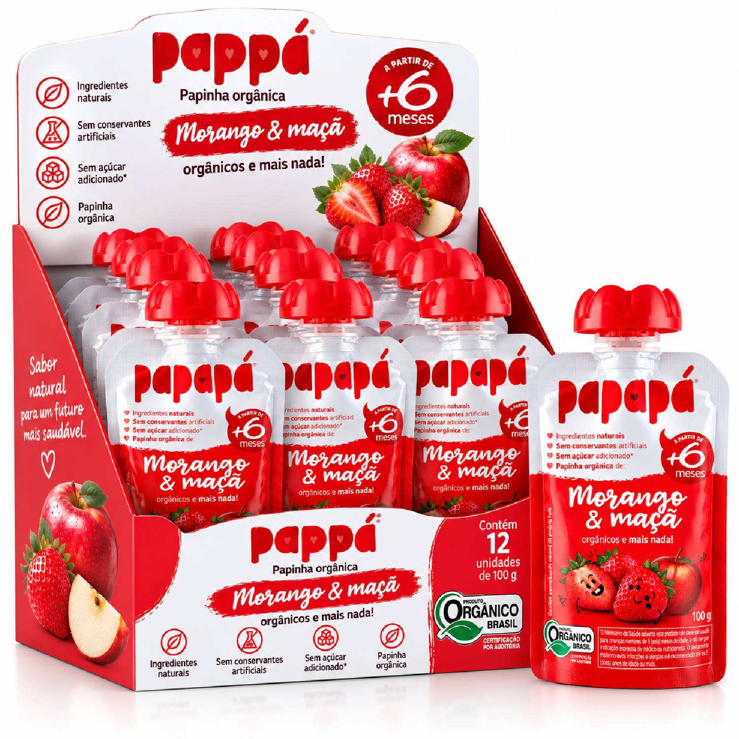 Kit 12 Papinha Orgânica Morango e Maçã PAPAPÁ 100g