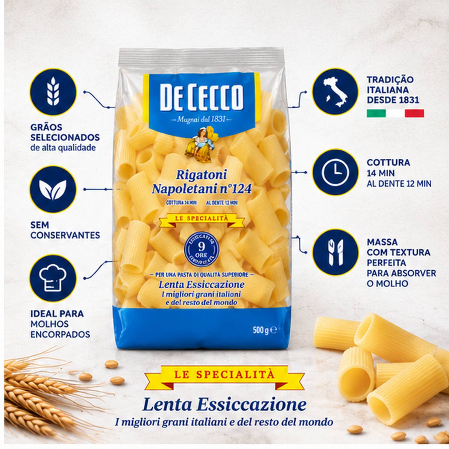 Massa De Cecco Rigatoni Napoletani Nº124 500g foto 4