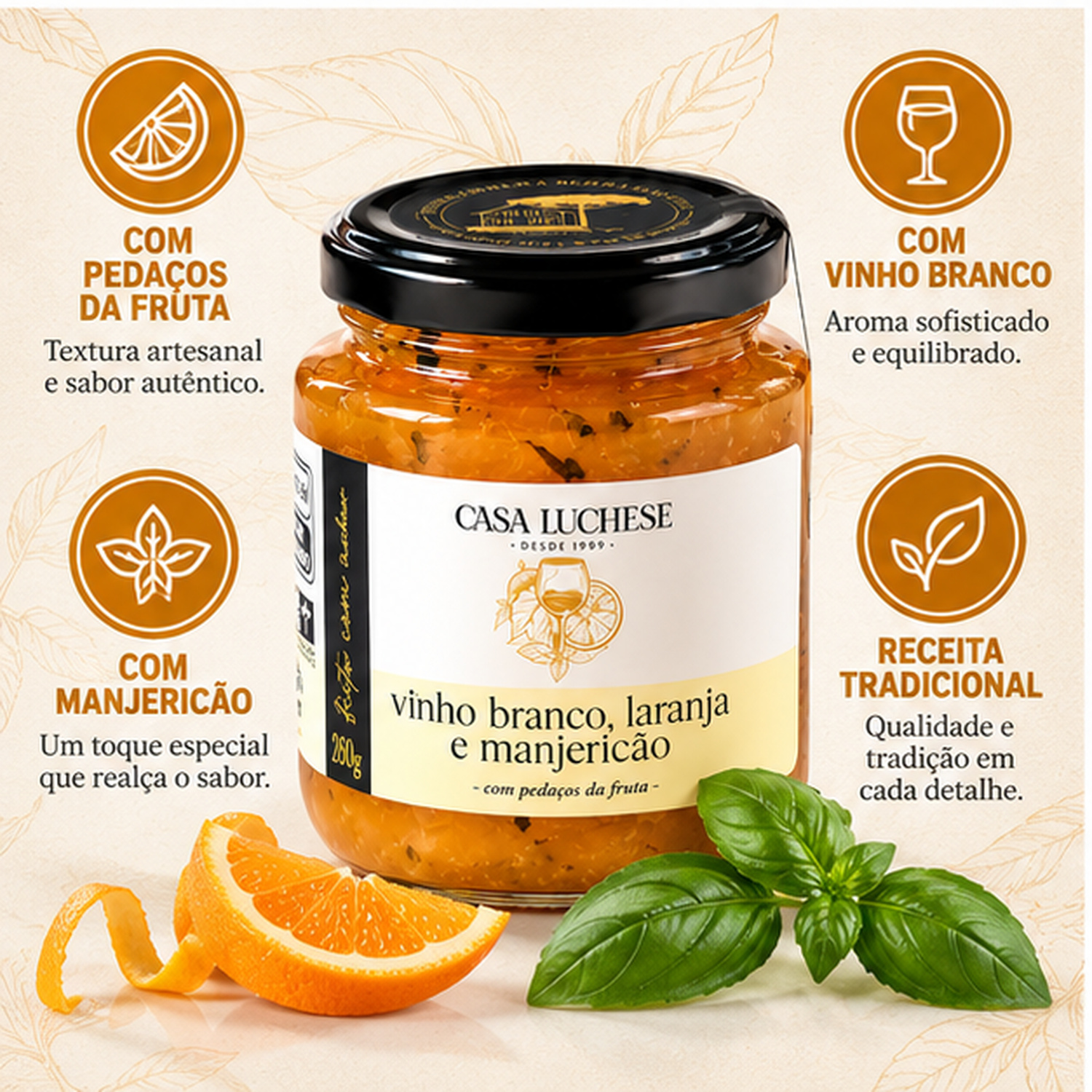 Doce Vinho Branco, Laranja, Manjericão CASA LUCHESE 260g foto 2