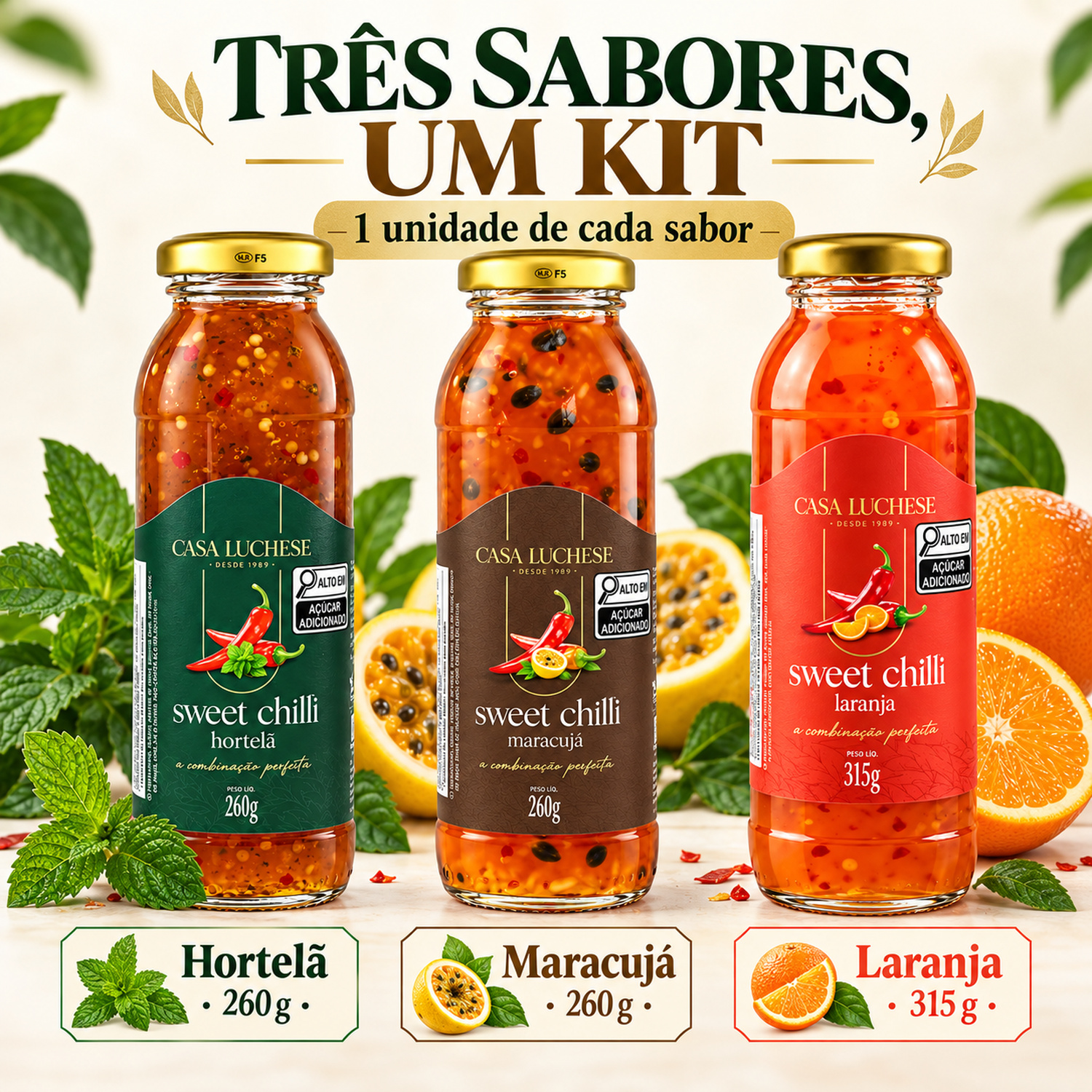 Kit 3 Sweet Chilli CASA LUCHESE — Hortelã 260g + Maracujá 260g + Laranja 315g foto 2