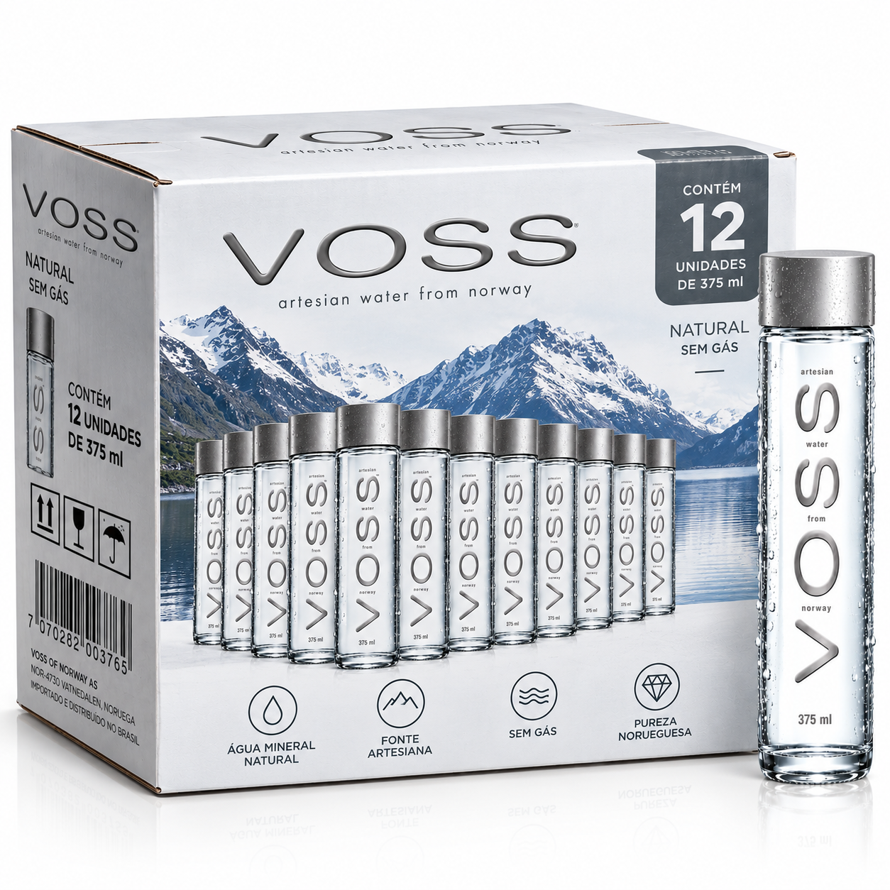 Kit 12 Água Mineral Natural VOSS s/ Gás 375ml Garrafa Vidro