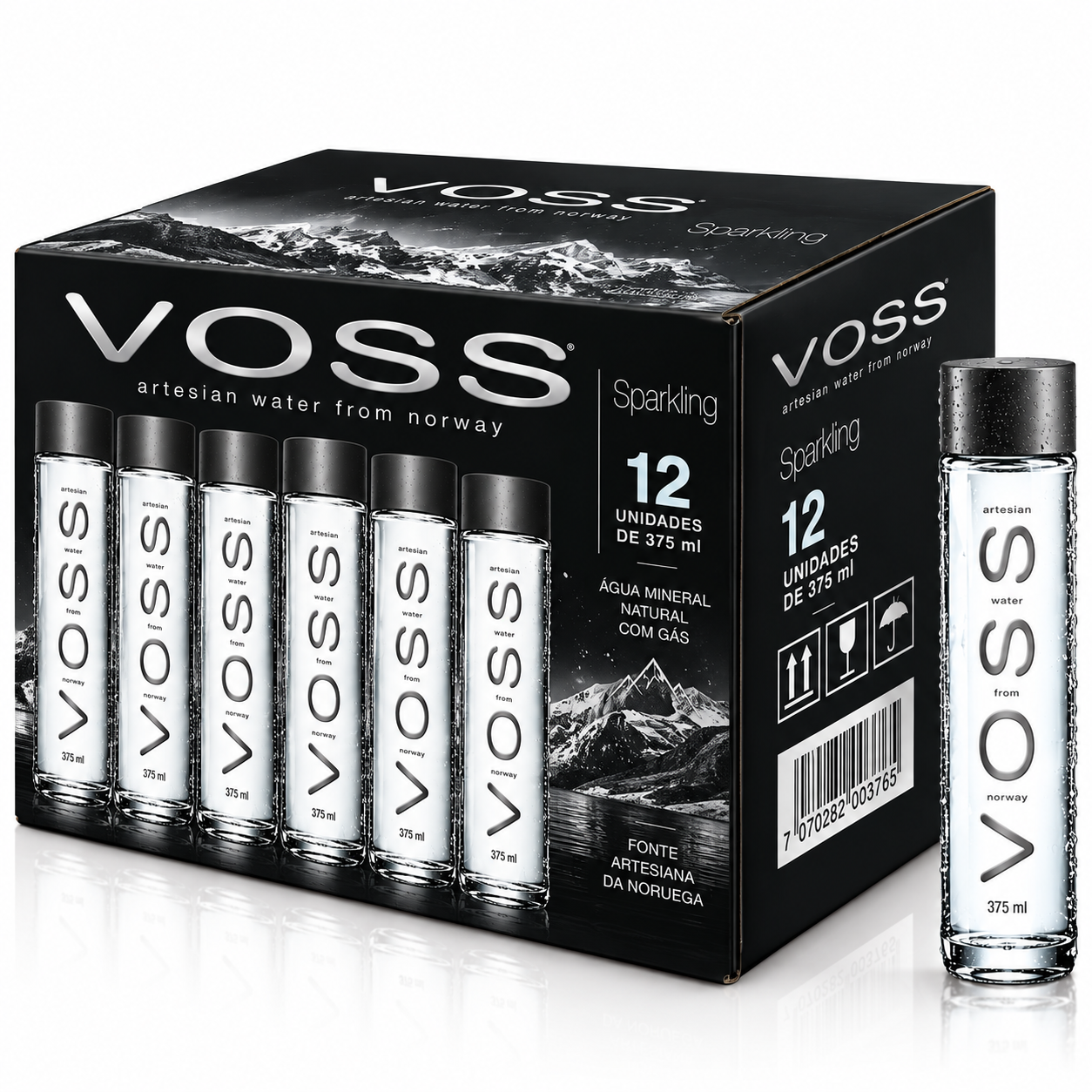 Kit 12 Água Mineral Natural VOSS c/ Gás 375ml Garrafa Vidro